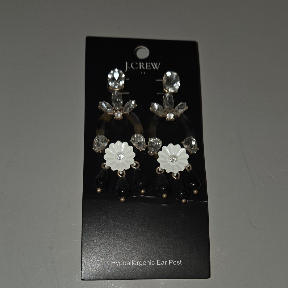J. Crew Black, White and Clear Floral Drop Earrings